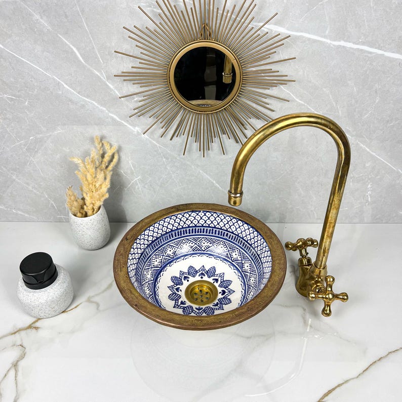 Handmade Moroccan Ceramic Sink Brass rim #284