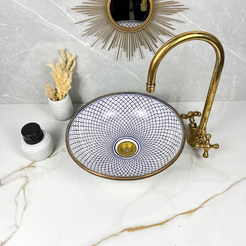 Handmade Moroccan Ceramic Sink Brass rim #284
