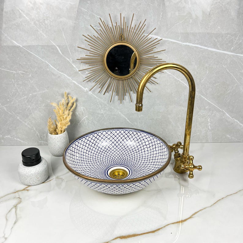 Handmade Moroccan Ceramic Sink Brass rim #284