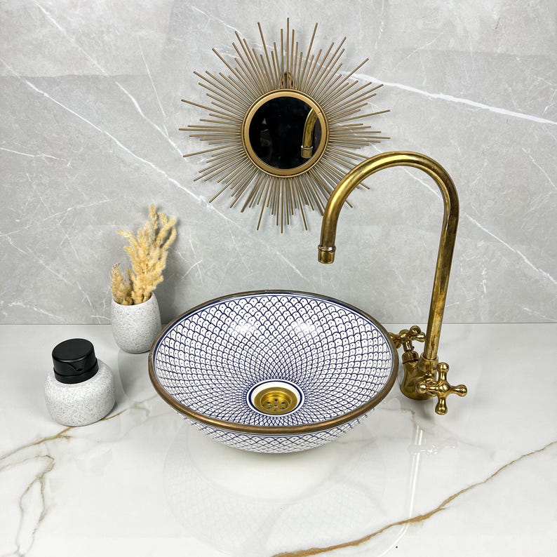 Handmade Moroccan Ceramic Sink Brass rim #284