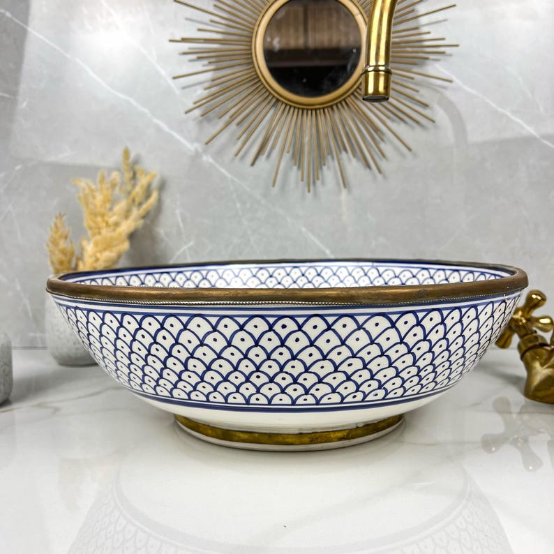 Handmade Moroccan Ceramic Sink Brass rim #284