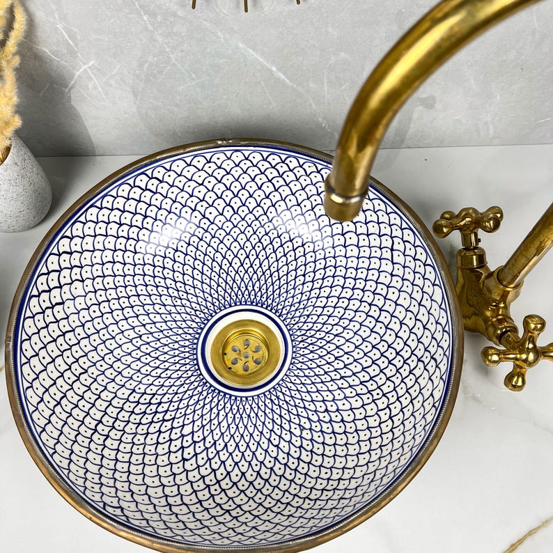 Handmade Moroccan Ceramic Sink Brass rim #284