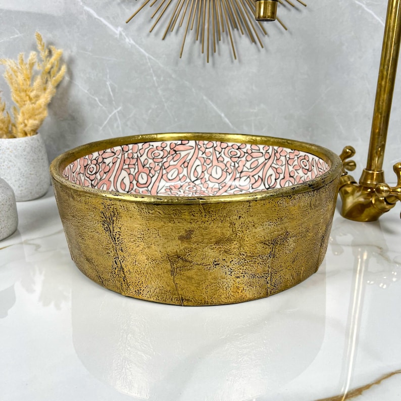 Handmade Moroccan Ceramic Sink Brass Rim #225
