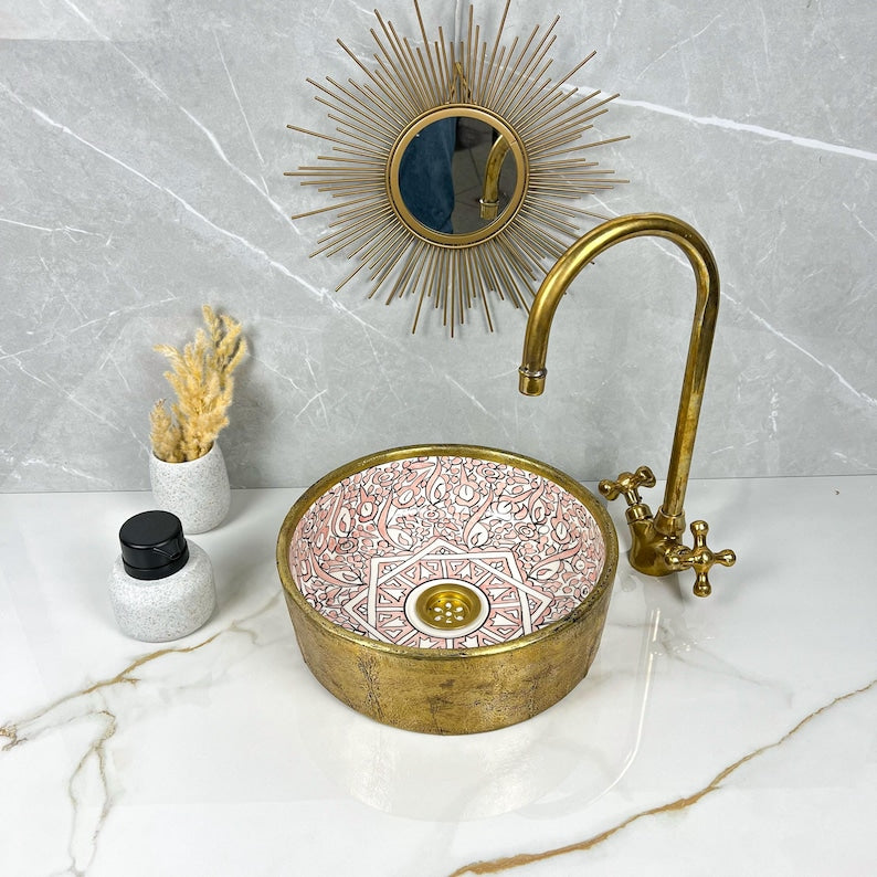 Handmade Moroccan Ceramic Sink Brass Rim #225