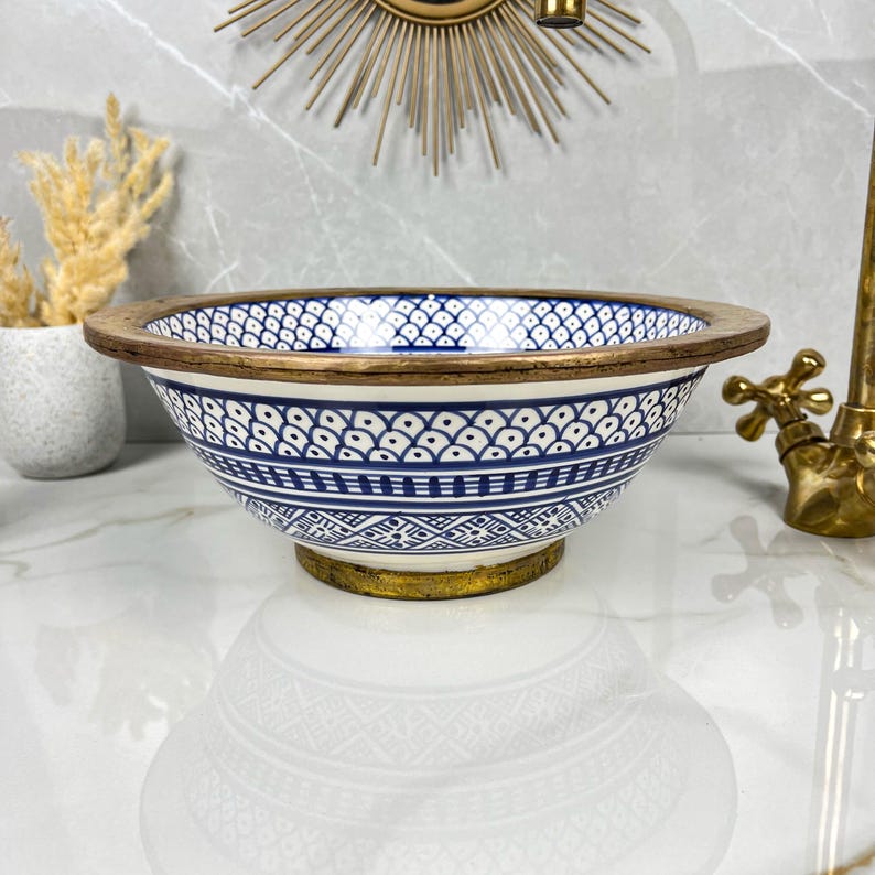 Handmade Moroccan Ceramic Sink Brass rim #284