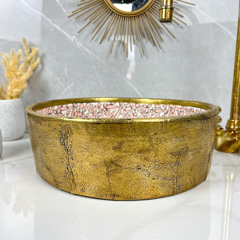 Handmade Moroccan Ceramic Sink Brass Rim #225
