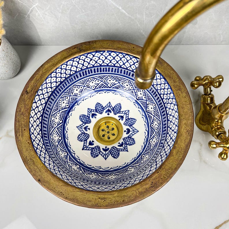 Handmade Moroccan Ceramic Sink Brass rim #284