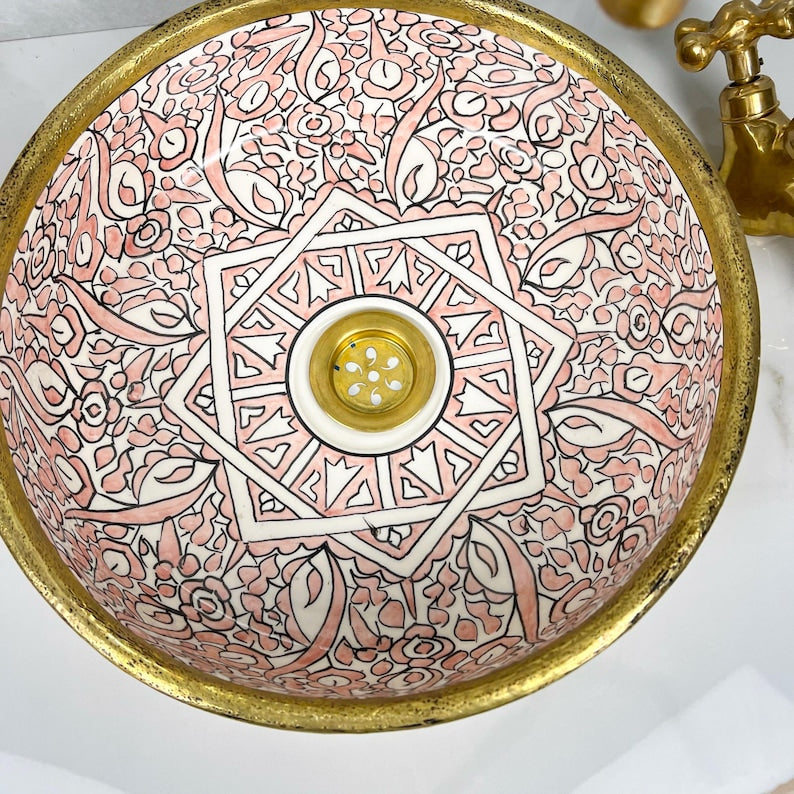 Handmade Moroccan Ceramic Sink Brass Rim #225