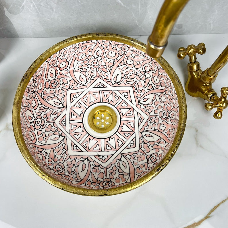 Handmade Moroccan Ceramic Sink Brass Rim #225