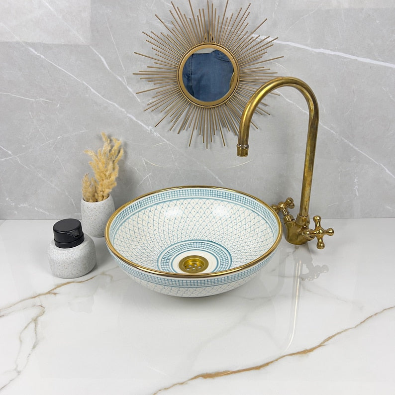 Handmade Moroccan Ceramic Sink Golden Rim 14k Carats #252