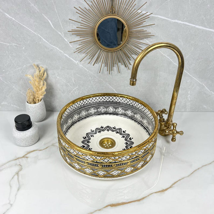 Handmade Moroccan Ceramic Sink Brass Rim #225