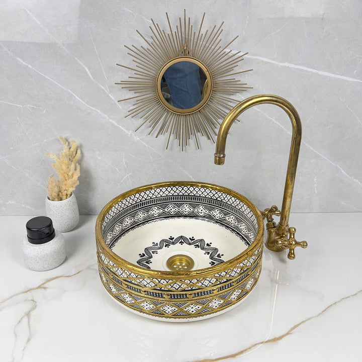 Handmade Moroccan Ceramic Sink Brass Rim #225