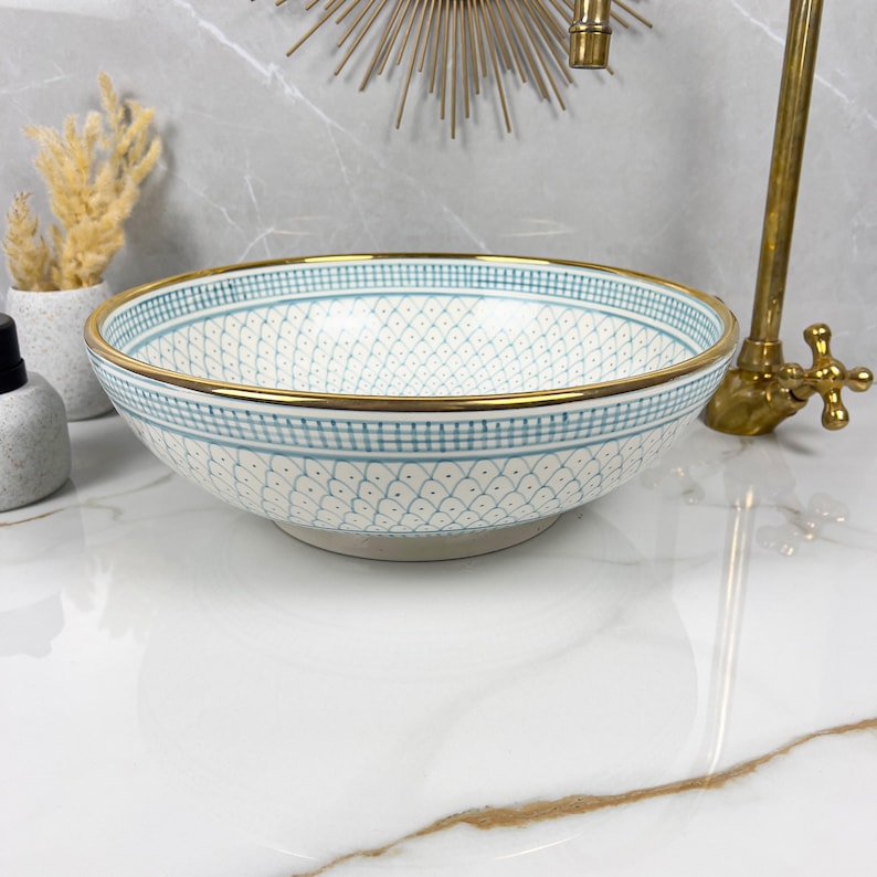 Handmade Moroccan Ceramic Sink Golden Rim 14k Carats #252