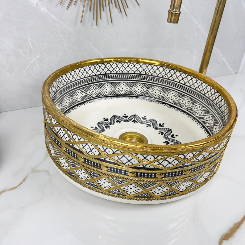 Handmade Moroccan Ceramic Sink Brass Rim #225