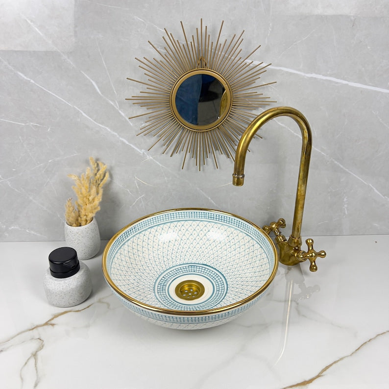 Handmade Moroccan Ceramic Sink Golden Rim 14k Carats #252