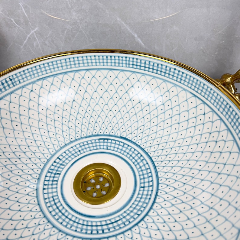 Handmade Moroccan Ceramic Sink Golden Rim 14k Carats #252