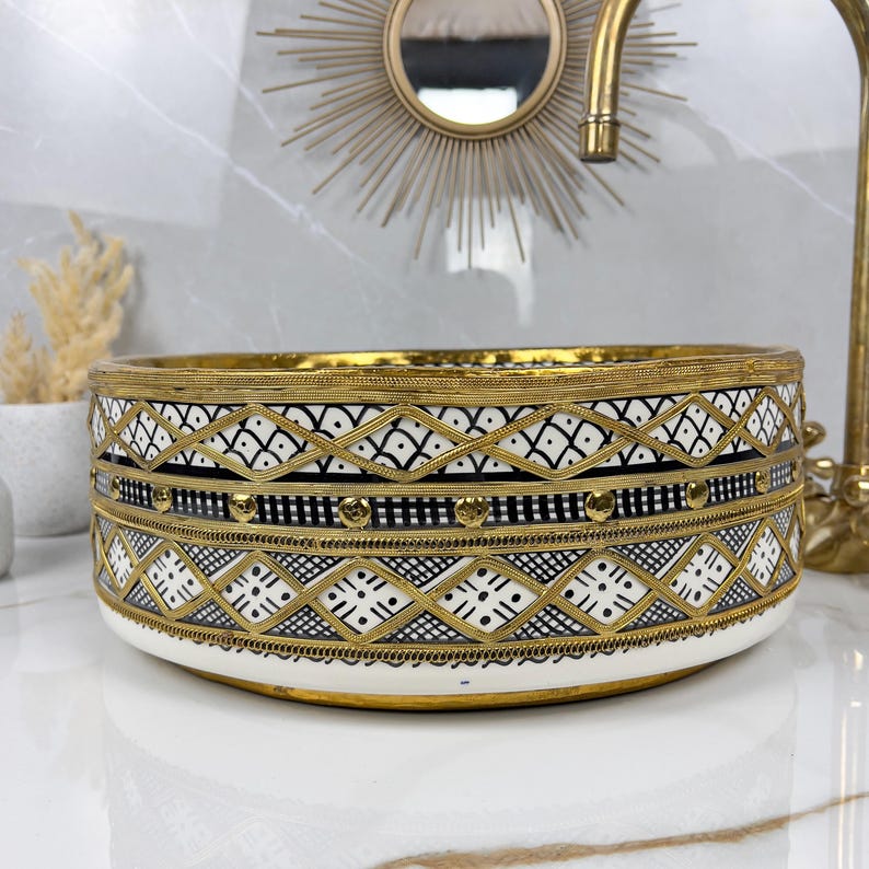 Handmade Moroccan Ceramic Sink Brass Rim #225