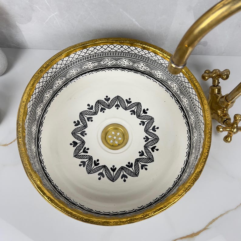 Handmade Moroccan Ceramic Sink Brass Rim #225