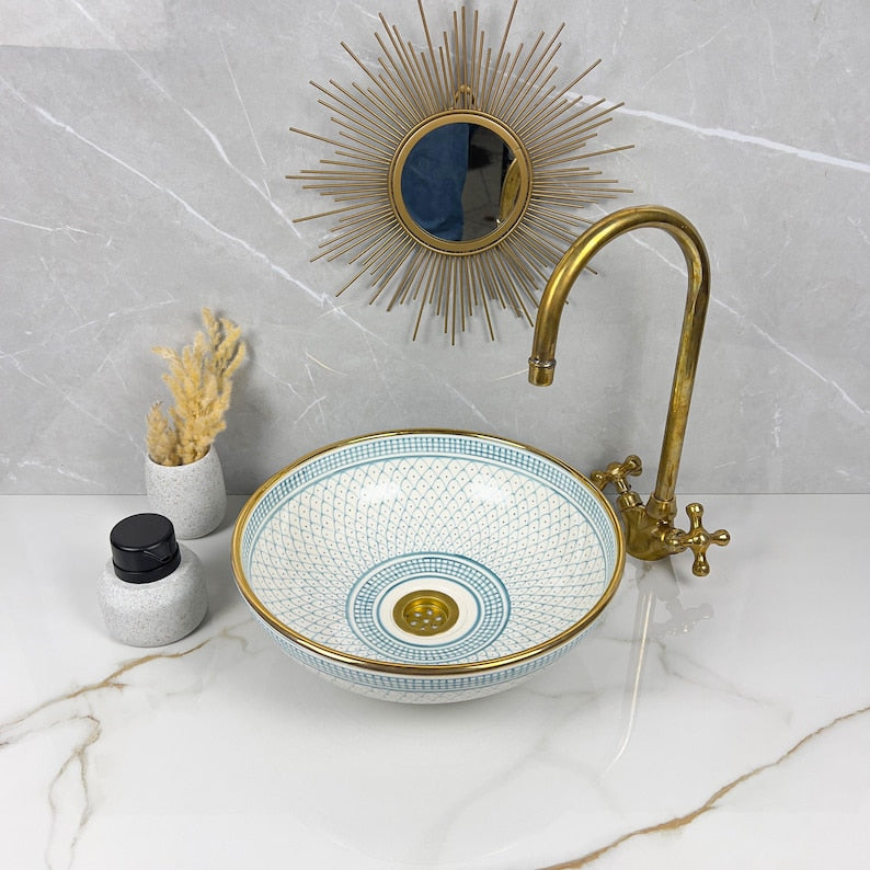 Handmade Moroccan Ceramic Sink Golden Rim 14k Carats #252