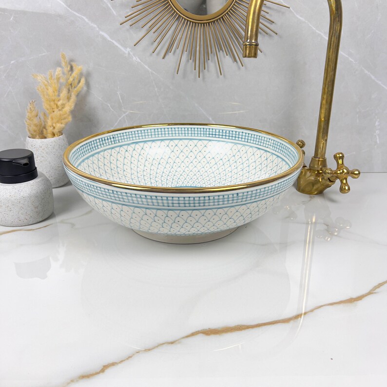 Handmade Moroccan Ceramic Sink Golden Rim 14k Carats #252