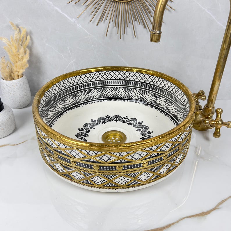 Handmade Moroccan Ceramic Sink Brass Rim #225