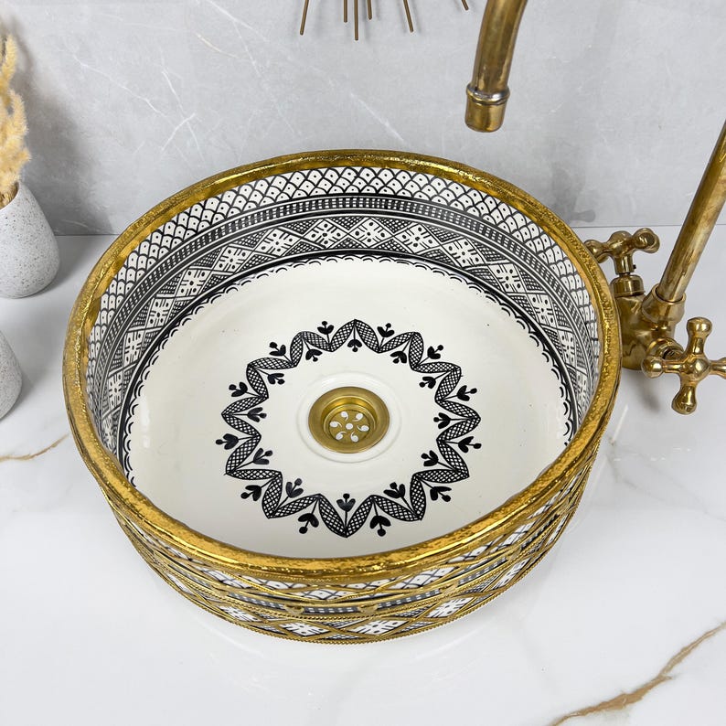Handmade Moroccan Ceramic Sink Brass Rim #225