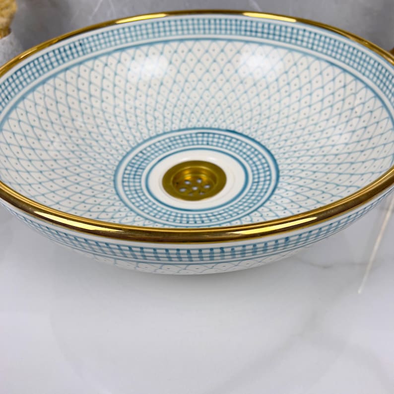 Handmade Moroccan Ceramic Sink Golden Rim 14k Carats #252
