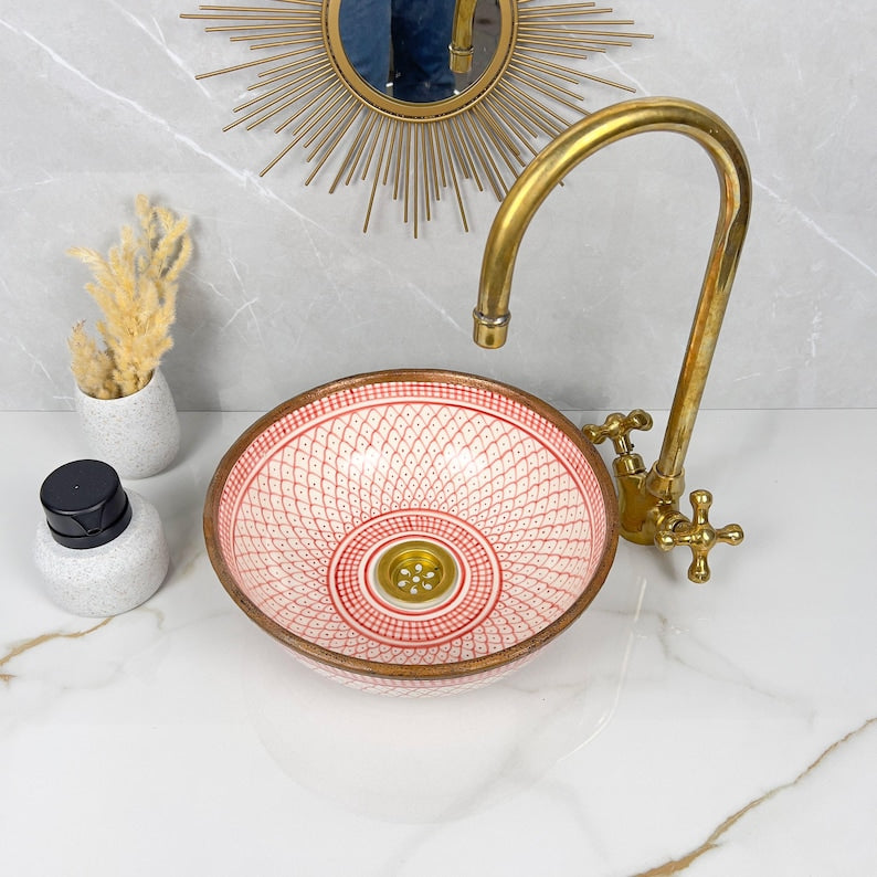 Handmade Moroccan Ceramic Sink Brass rim #284