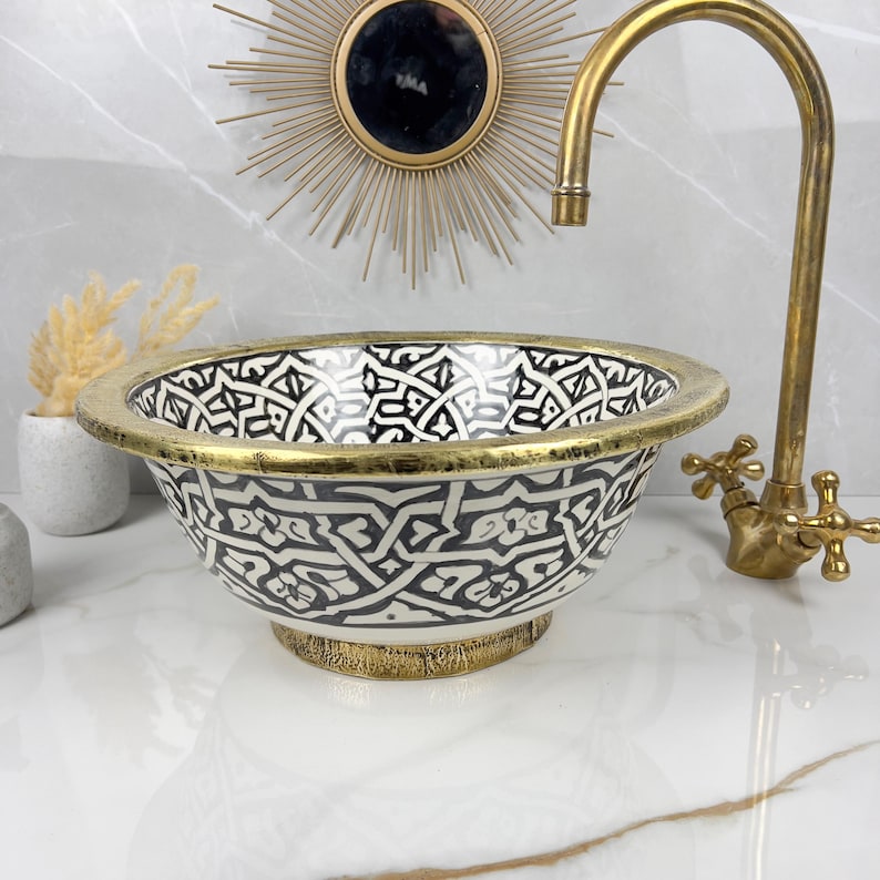 Handmade Moroccan Ceramic Sink Brass rim #284