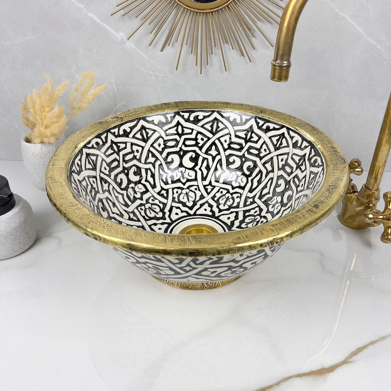 Handmade Moroccan Ceramic Sink Brass rim #284