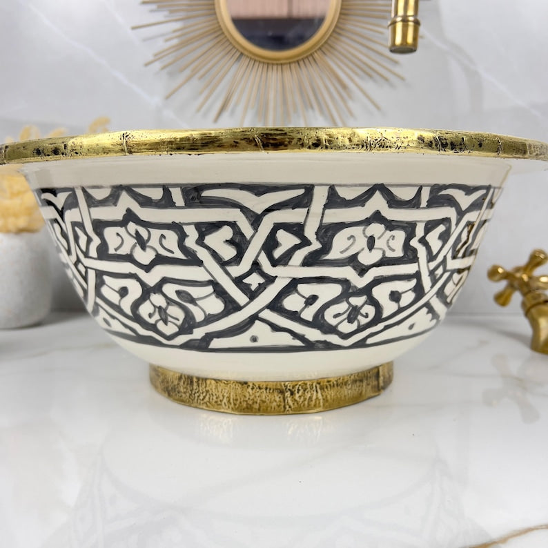 Handmade Moroccan Ceramic Sink Brass rim #284