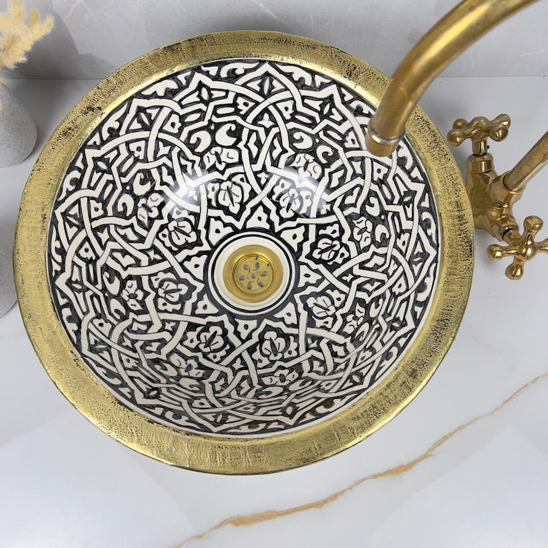 Handmade Moroccan Ceramic Sink Brass rim #284