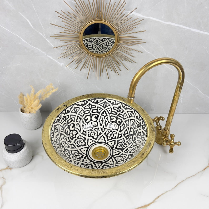 Handmade Moroccan Ceramic Sink Brass rim #284