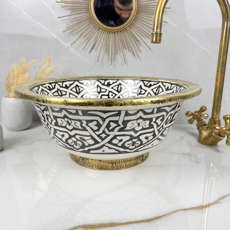 Handmade Moroccan Ceramic Sink Brass rim #284