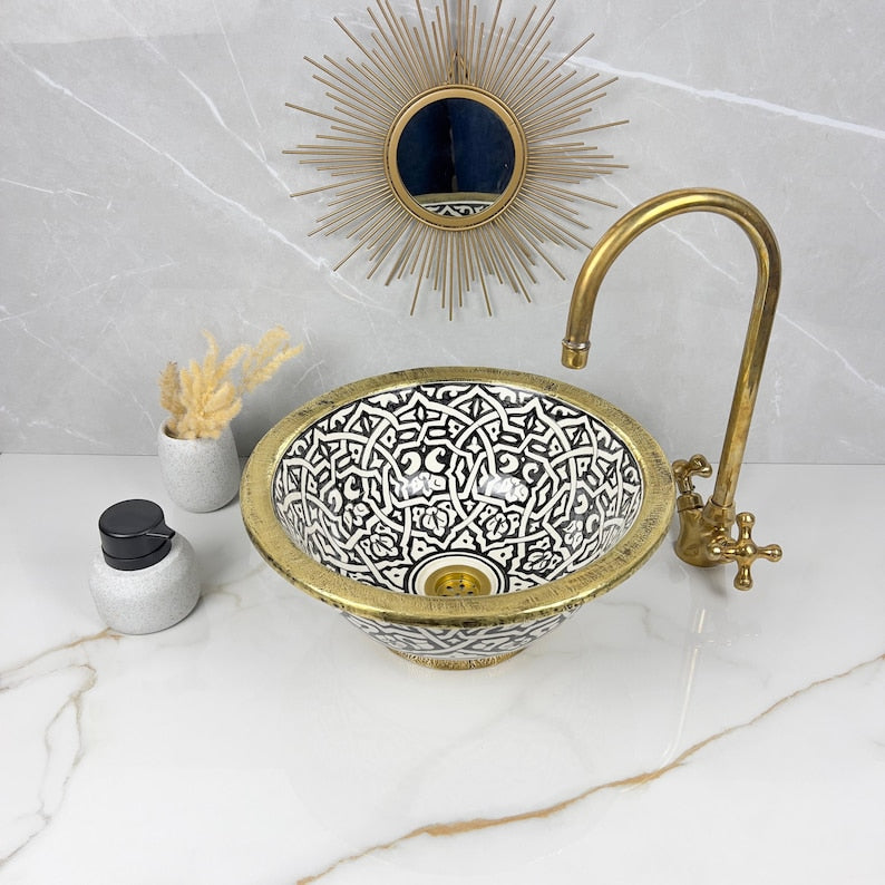 Handmade Moroccan Ceramic Sink Brass rim #284