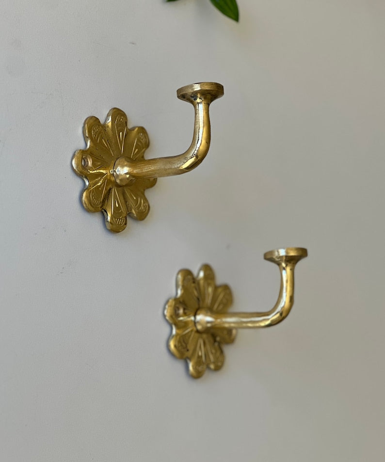 Handmade Unlacquered Brass Wall Hook Set | 4 Brass Hooks