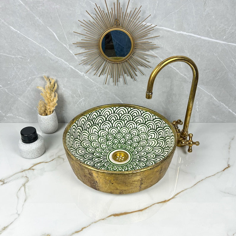 Handmade Moroccan Ceramic Sink Brass Rim #225