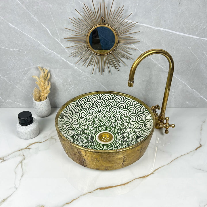 Handmade Moroccan Ceramic Sink Brass Rim #225