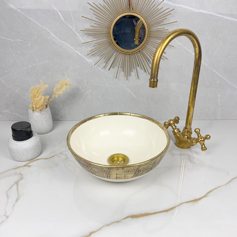 Handmade Moroccan Ceramic Sink Brass rim #284