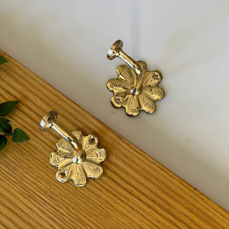 Handmade Unlacquered Brass Wall Hook Set | 4 Brass Hooks