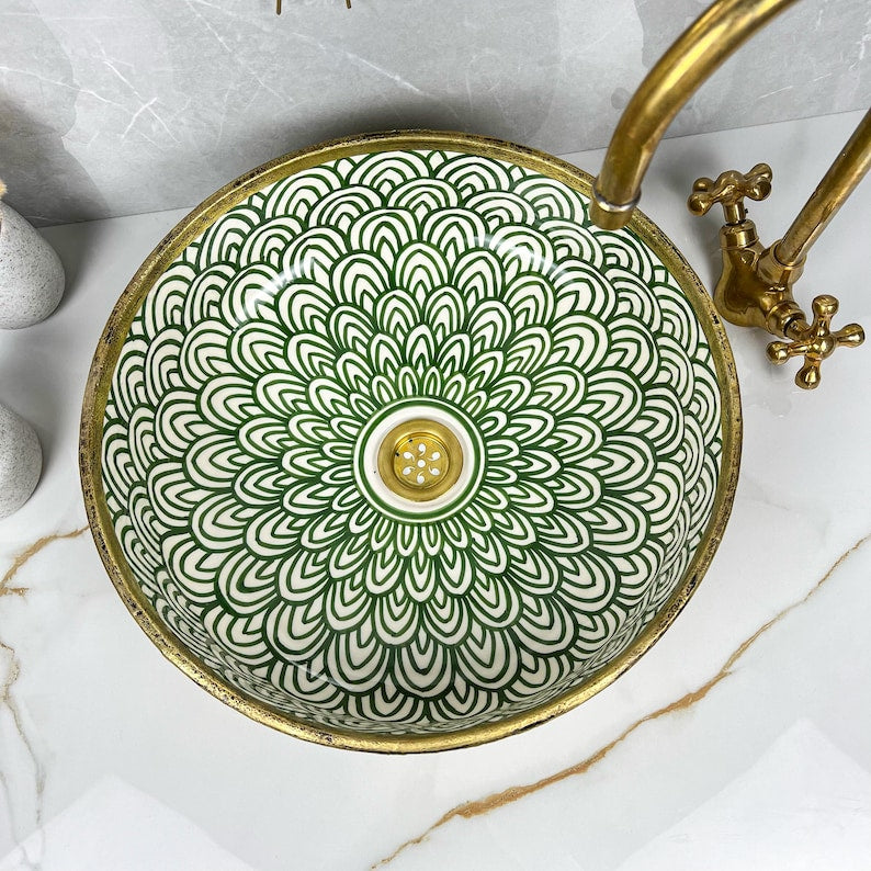 Handmade Moroccan Ceramic Sink Brass Rim #225