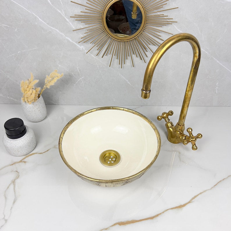 Handmade Moroccan Ceramic Sink Brass rim #284