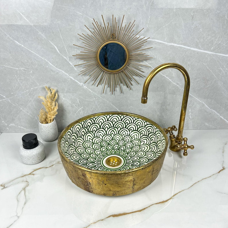 Handmade Moroccan Ceramic Sink Brass Rim #225