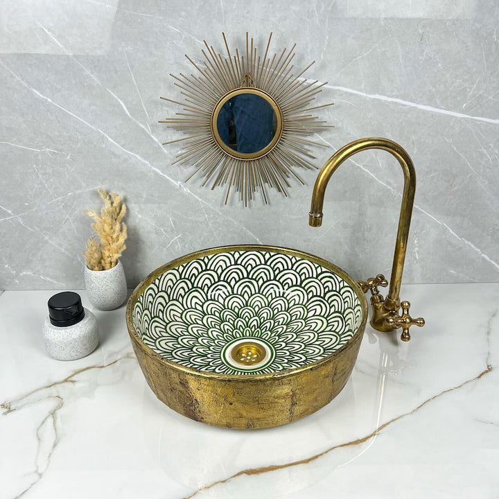 Handmade Moroccan Ceramic Sink Brass Rim #225