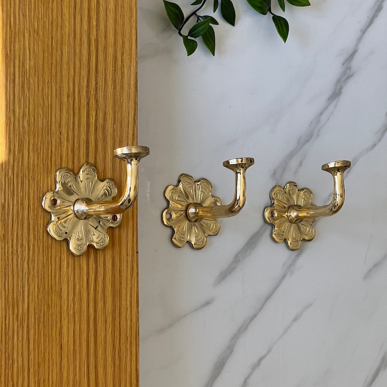 Handmade Unlacquered Brass Wall Hook Set | 4 Brass Hooks