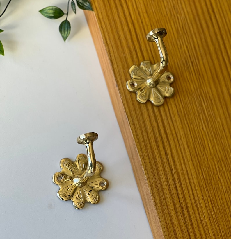 Handmade Unlacquered Brass Wall Hook Set | 4 Brass Hooks