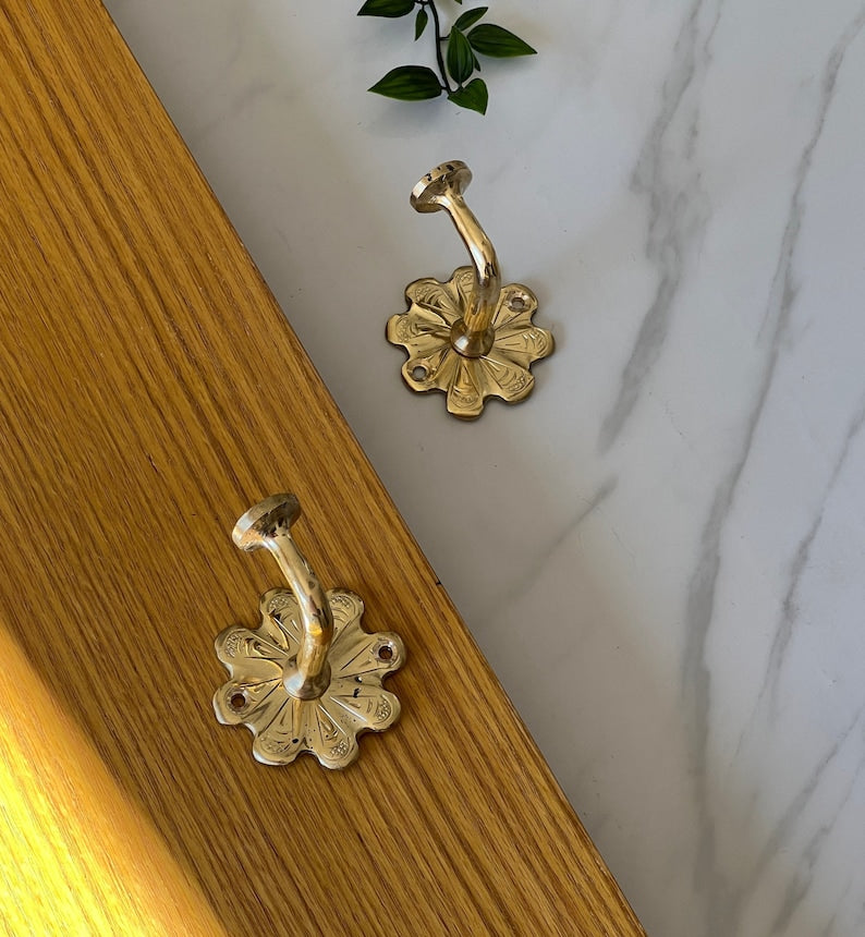 Handmade Unlacquered Brass Wall Hook Set | 4 Brass Hooks