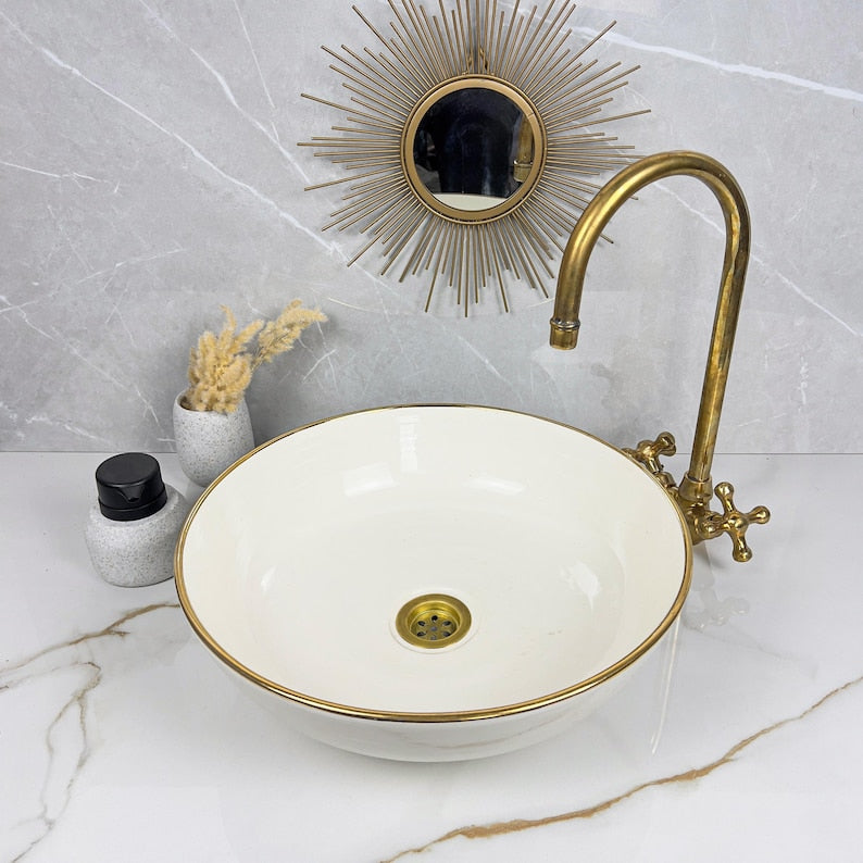 Handmade Moroccan Ceramic Sink Golden Rim 14k Carats #252