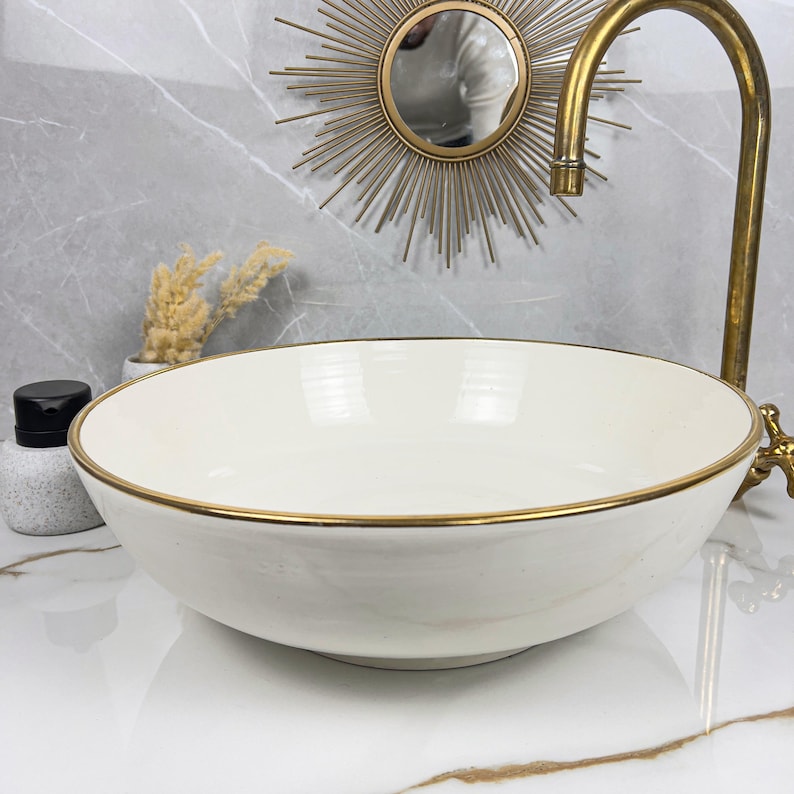 Handmade Moroccan Ceramic Sink Golden Rim 14k Carats #252