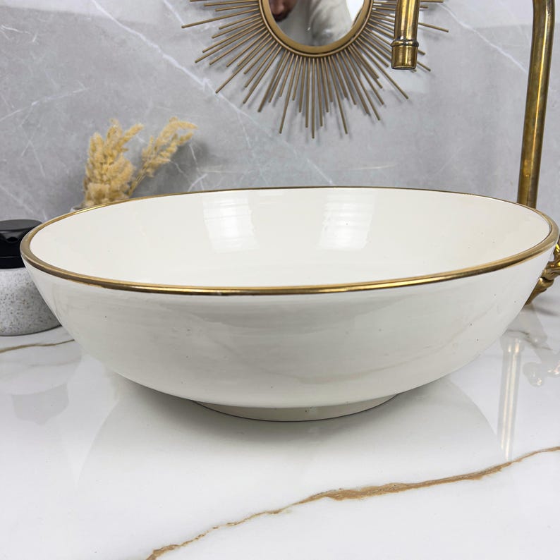Handmade Moroccan Ceramic Sink Golden Rim 14k Carats #252